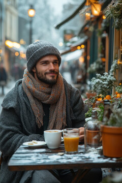 A man sitting at a table in the snow.
