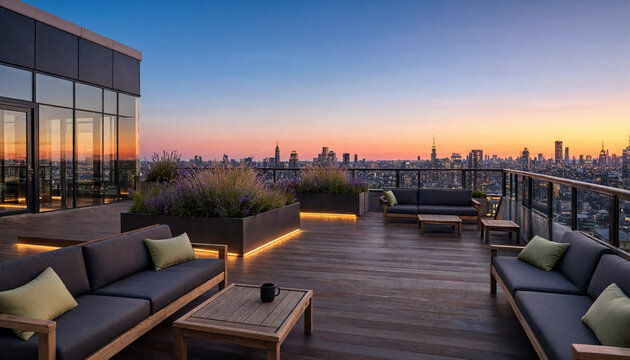 Luxury rooftop terrace with modern furniture overlooking city skyline at sunset
