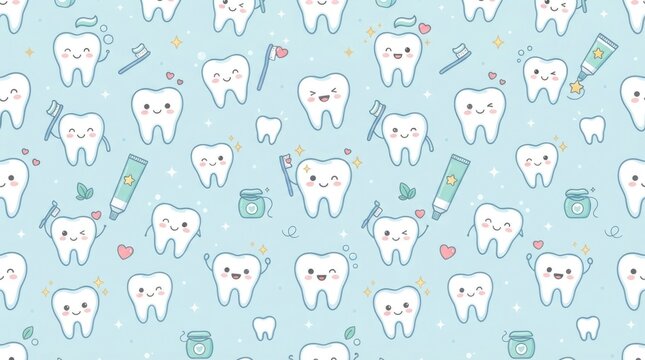 Cute Seamless Dental Care Pattern with Smiling Teeth Toothbrushes and Toothpaste