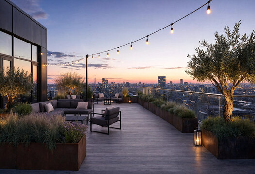 Luxury rooftop terrace at sunset with string lights and city skyline view