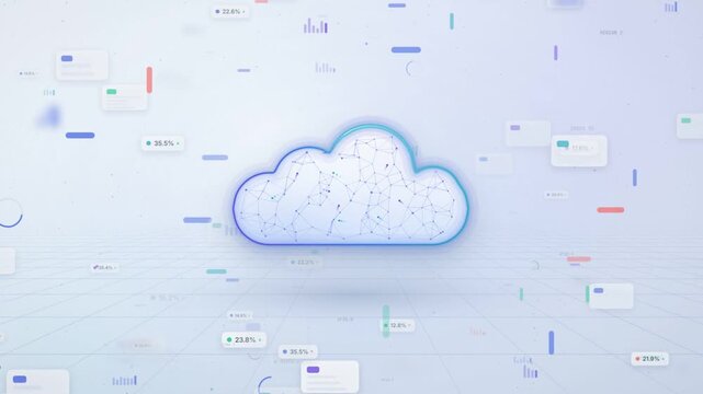 Cloud computing icon with glowing network mesh and floating data cards drifting past it