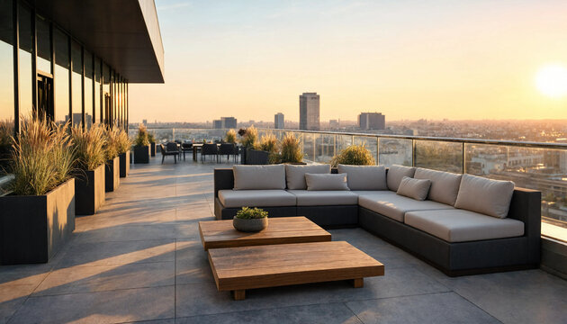 Modern rooftop lounge with sectional sofa and city skyline at sunset for luxury relaxation concept