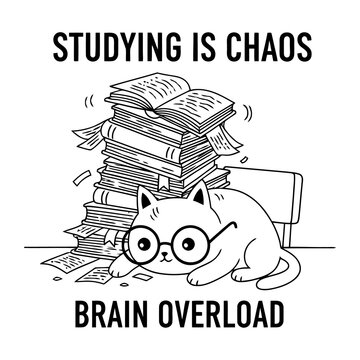 Cute Cat Wearing Glasses Overwhelmed by Stack of Books, Studying Is Chaos Brain Overload
