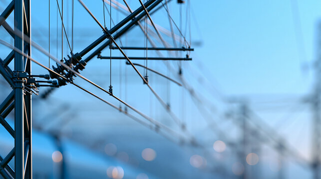 Overhead electrical wires and metal structures forming railway catenary system, defocused transportation infrastructure visualization, rail power delivery representation, with
