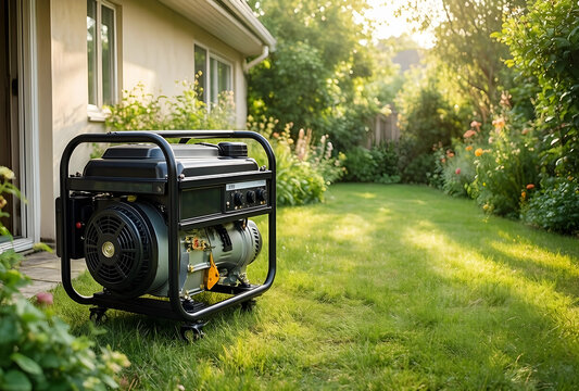 Emergency power backup and energy independence, portable electric generator sitting on a residential lawn for home utility and disaster preparedness