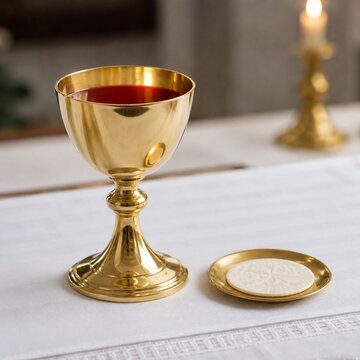 Golden chalice filled with red wine and a communion wafer on a paten for eucharist
