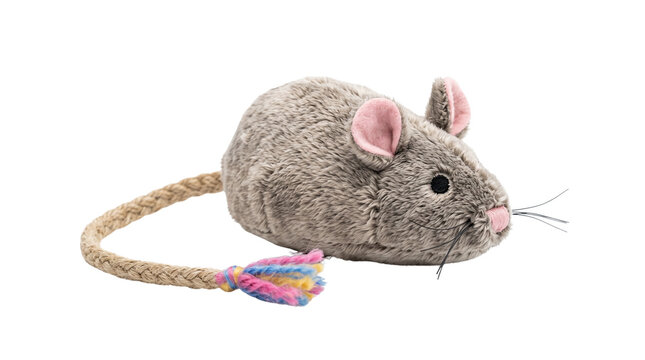 Plush gray mouse cat toy with rope tail, soft fabric pet teaser for indoor play, fuzzy rodent toy for feline exercise and hunting