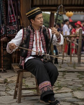 Musician playing a traditional string instrument in folk costume at a festival