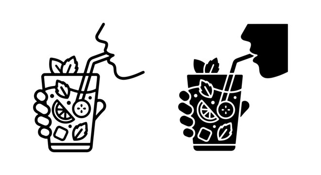 Refreshing Summer Drink Icons: Cocktail, Beverage, Refreshment, Citrus, Mint, Ice, Vector Set