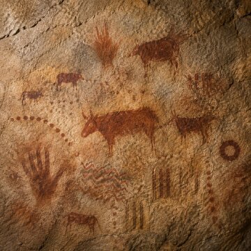 Ancient prehistoric cave paintings and rock art featuring animals and handprints on a textured stone wall