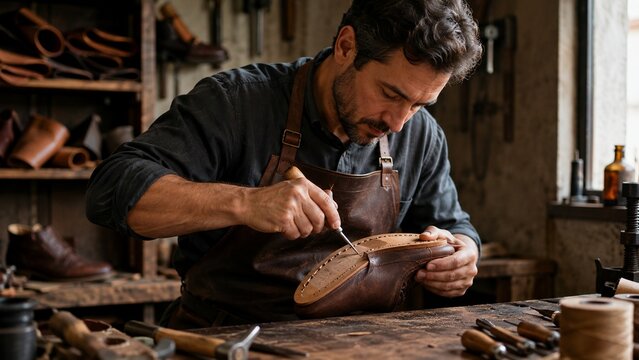 Cobbler working on a handcrafted leather shoe in a traditional workshop setting