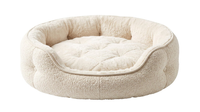 Plush cream dog bed, soft sherpa pet cushion for small dogs and cats, cozy round fleece animal bed isolated on white