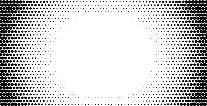 Black halftone dot pattern with a bright white center and fading circular gradient. Abstract monochrome texture creates a smooth radial transition. Modern background element for graphic design.