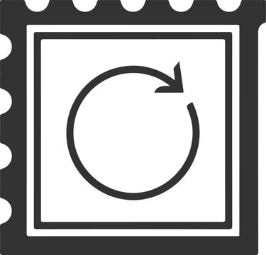 Circular arrows icon representing refresh update recycle repeat loops inside postage stamp square border with perforated edge.