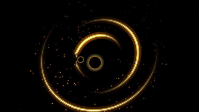 Digital illustration of a binary black hole system with glowing accretion disks in deep space