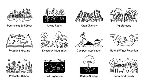 Regenerative agriculture icon set with soil cover living roots agroforestry livestock integration pollinator habitat and carbon storage outline vector