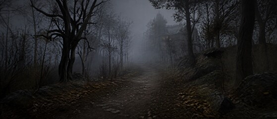 Obraz premium Foggy forest path leading to a haunted house at dusk, horizontal outdoor shot