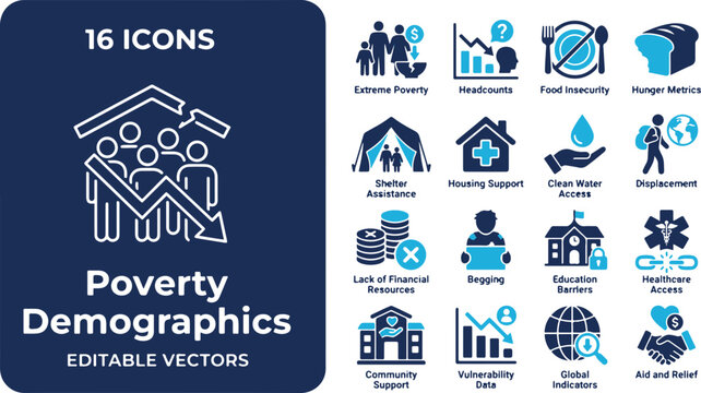 Poverty demographics vector icon set featuring extreme poverty, food insecurity, shelter assistance, and social welfare relief symbols