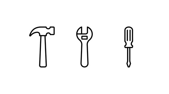 Outline icons of a hammer, wrench, and screwdriver on a white background.
