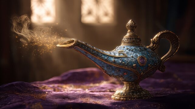Ornate magic lamp with glowing smoke, mystical blue genie lamp on purple velvet, ancient golden oil lamp in cinematic lighting