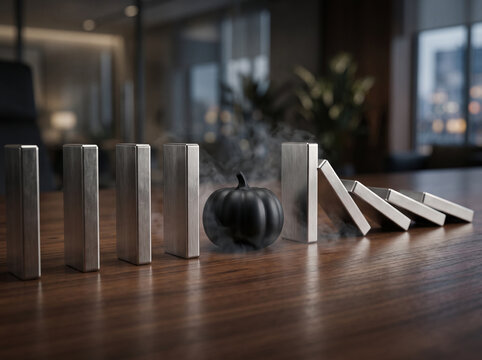 Metal domino blocks falling with a dark pumpkin ornament