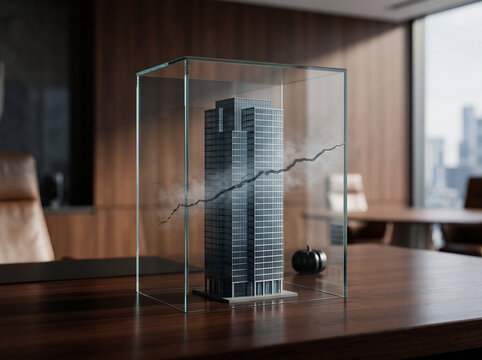 Skyscraper model inside glass box with crack pattern
