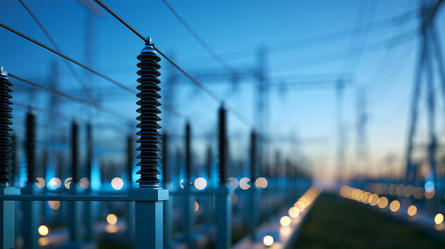 Electrical substation providing power and energy to grid, defocused utility infrastructure visualization, electrical distribution facility representation, with copy space