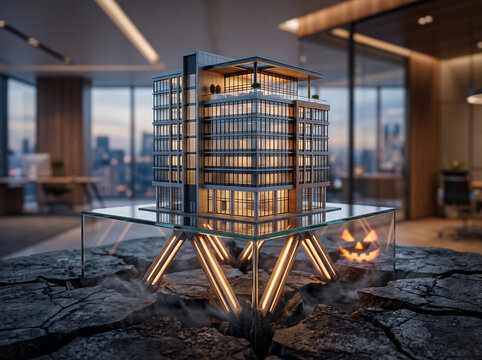 Modern architectural building model displayed on cracked