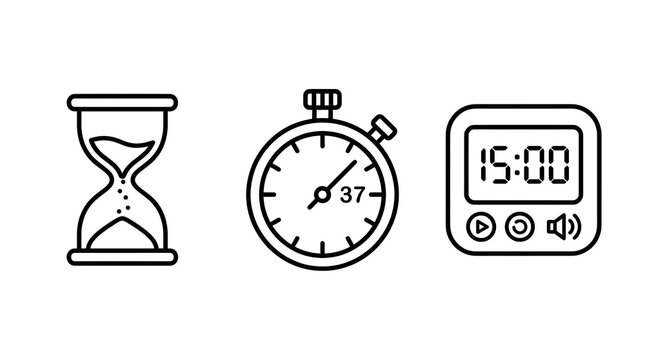 Set of three line icons representing different time measuring devices: an hourglass, a stopwatch, and a digital timer.