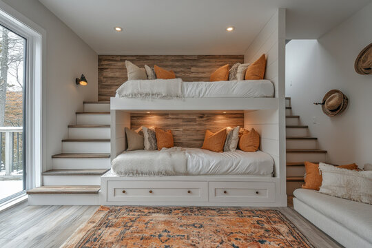 Built-in bunk bed and bed in modern bedroom.