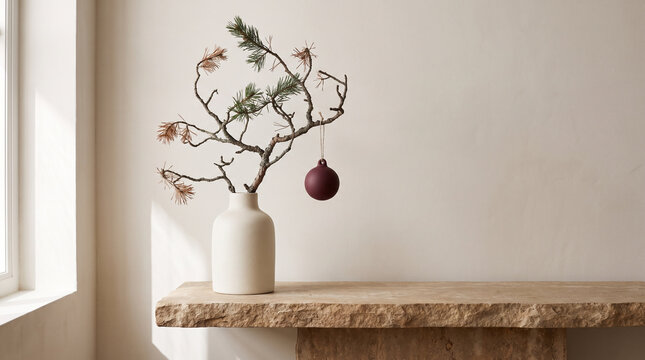 Fresh evergreen branch casting a soft shadow across a warm neutral wall, creating minimalist seasonal holiday atmosphere