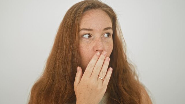 Young woman with red hair and freckles, hand covering mouth in a surprised gesture inside a studio, wearing a ring on her finger; surprise curiosity.