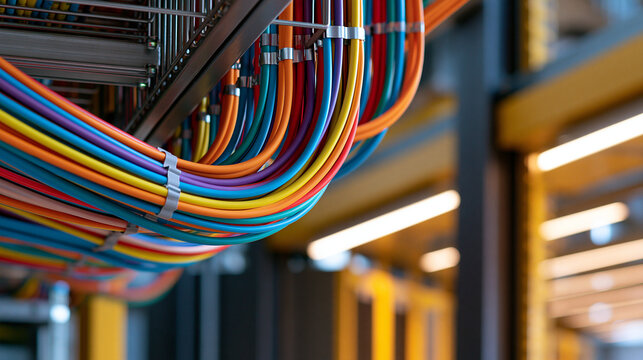 Multicolored network wires in overhead cable trays above yellow server racks in data center, featuring industrial metal textures for technology and connectivity, with copy space
