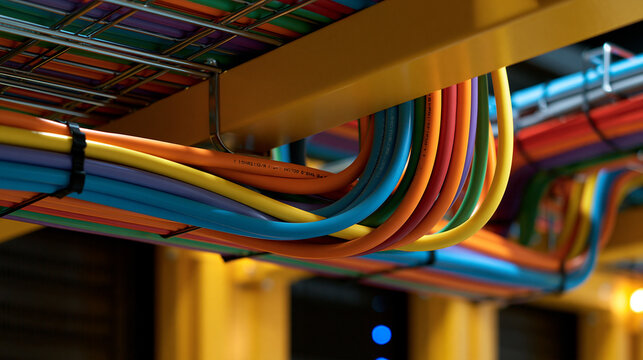 Multicolored network wires in overhead cable trays above yellow server racks in data center, featuring industrial metal textures for technology and connectivity, with copy space
