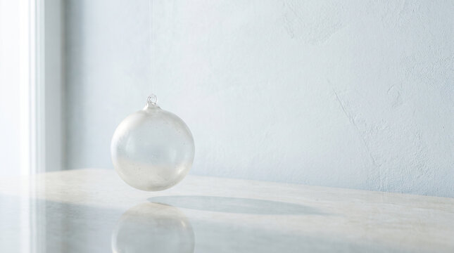 Frosted glass Christmas ornament suspended beside a bright window, creating a serene minimalist winter composition with soft reflections