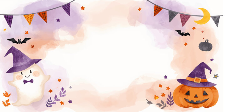 Halloween Party Background with Witch, Pumpkin, Floral Frame, Colorful Flowers, Butterfly and Decorative Border for Festive Holiday Card Design