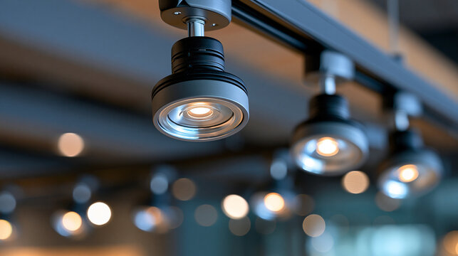 Directional LED lights on rails under ceiling in modern warehouse, shopping center building, office or other commercial real estate object, defocused comprehensive illumination