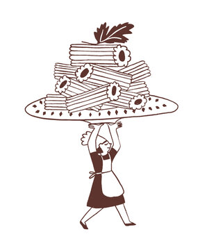 Woman chef is carrying a big pasta plate