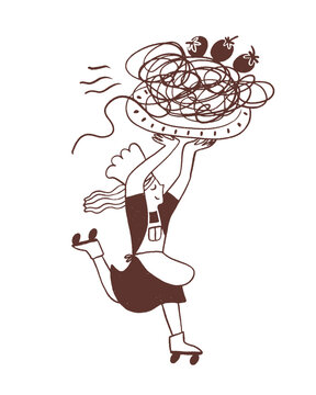 Woman chef on rollers is carrying a big pasta plate