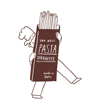 Boy cook character is holding  a big pasta pack