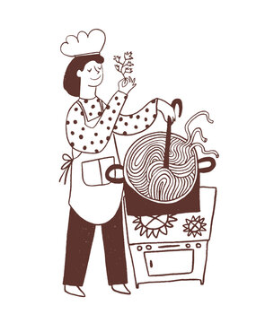 Woman chef is cooking spaghetti pasta