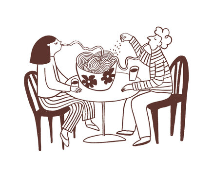 Couple character is eating spaghetti