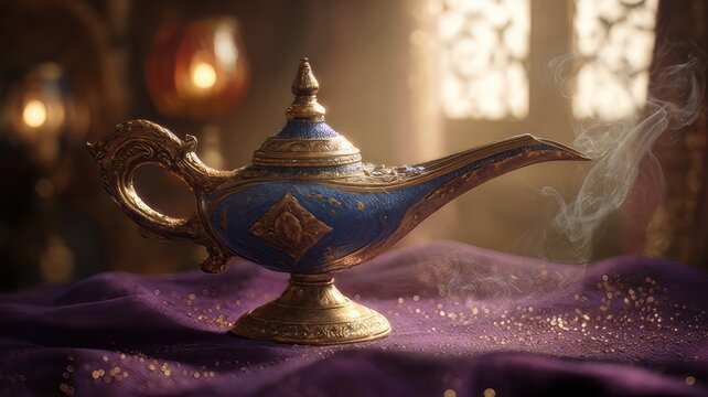 Antique magic oil lamp with blue enamel, ornate golden genie lamp on purple silk, mystical brass vessel with smoke