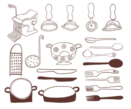 Vector line art set of kitchen supplies