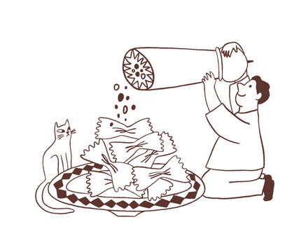 Man and cat are eating pasta