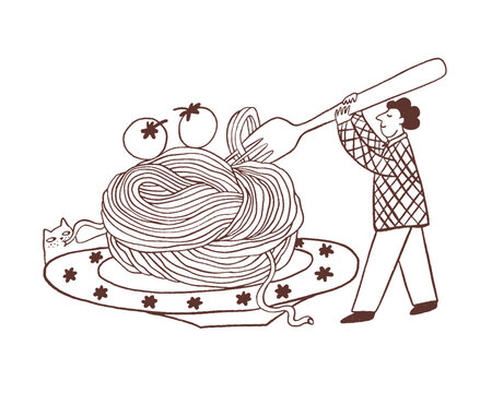Man and cat are eating pasta