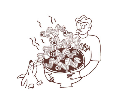 Man and dog are eating fusilli pasta