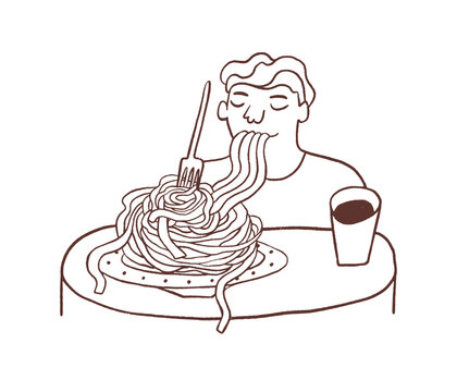 Man character is eating spaghetti