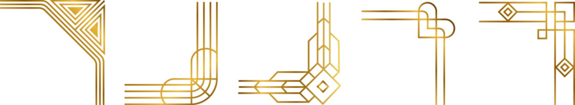 Art deco gold corner ornament vector set with elegant geometric vintage borders for luxury invitations.