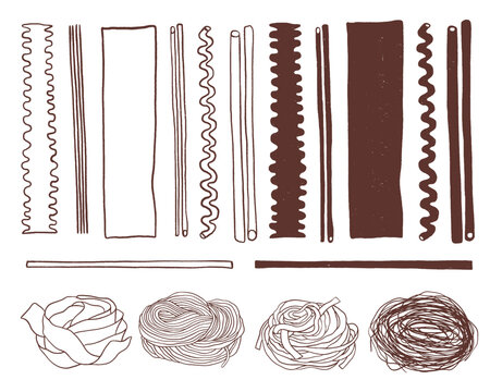 Line art illustrations with different types of long pasta